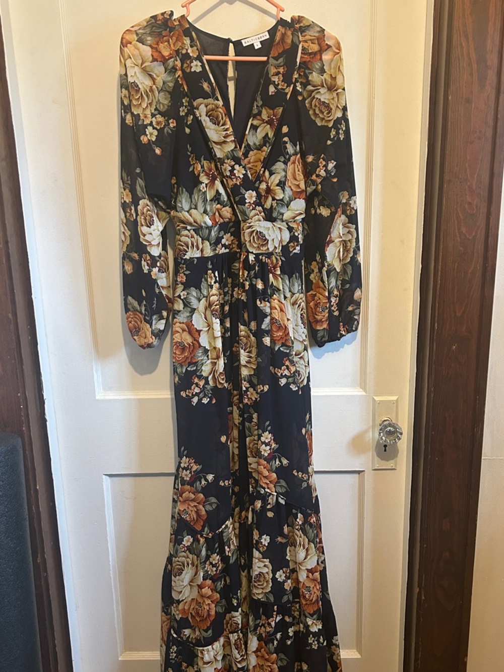 Baltic Born Black Floral Wrap Maxi Dress with Rust & Cream Roses